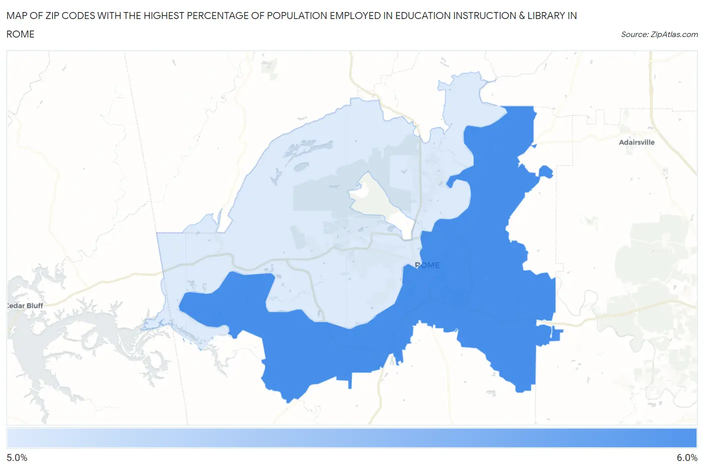 Zip Codes with the Highest Percentage of Population Employed in Education Instruction & Library in Rome Map