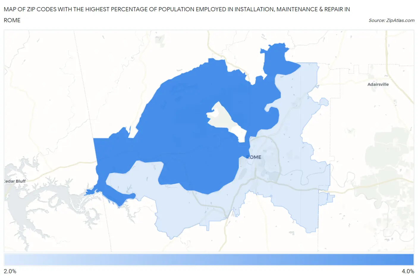 Zip Codes with the Highest Percentage of Population Employed in Installation, Maintenance & Repair in Rome Map