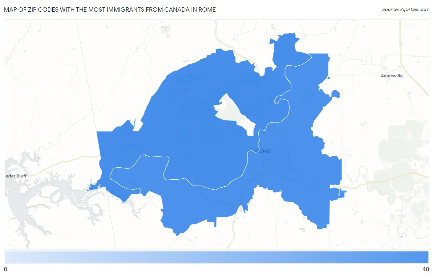 Zip Codes with the Most Immigrants from Canada in Rome Map