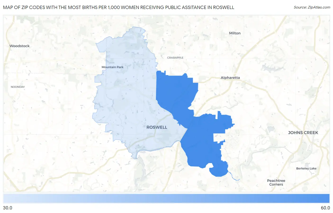 Zip Codes with the Most Births per 1,000 Women Receiving Public Assitance in Roswell Map