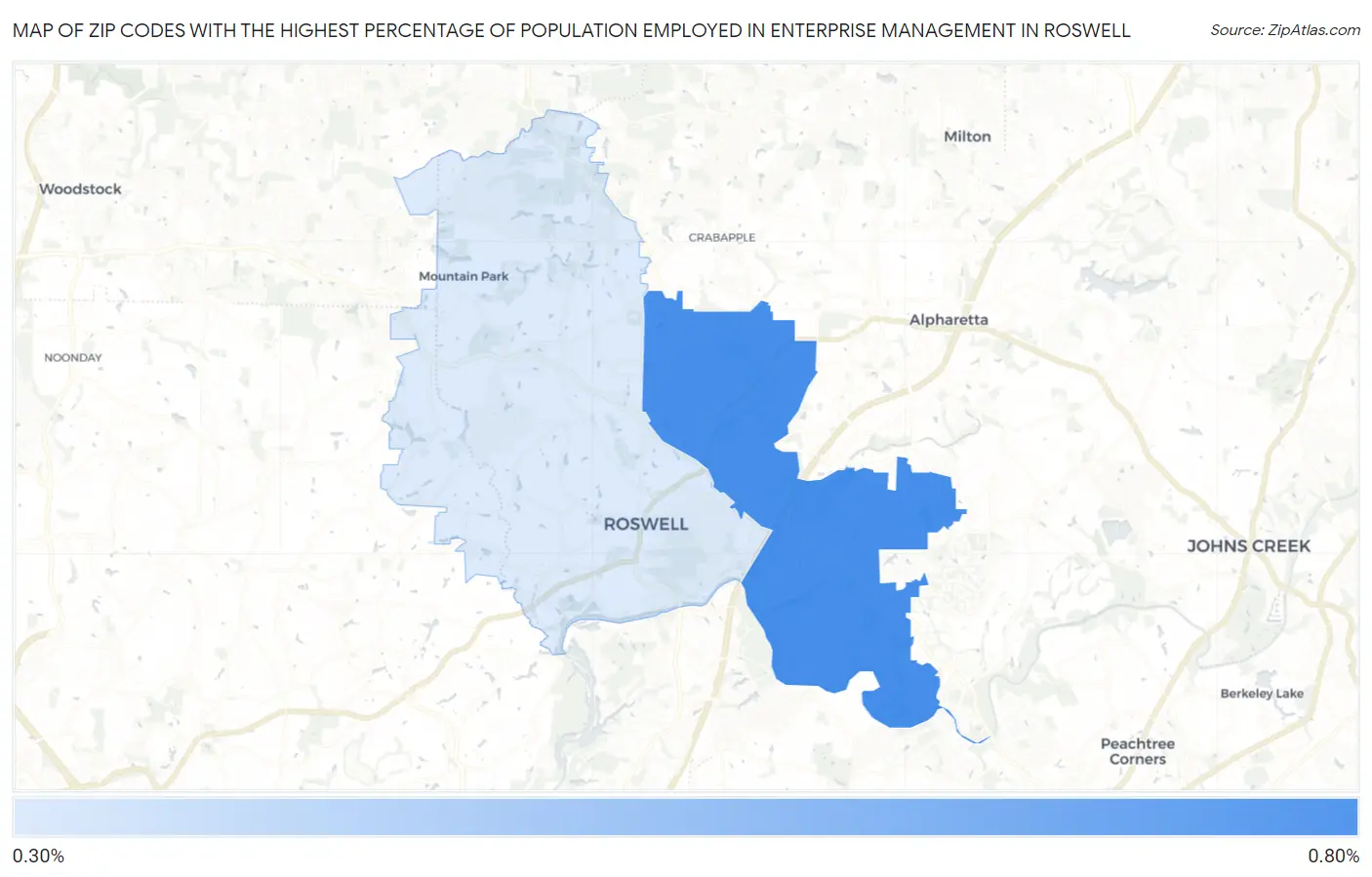 Zip Codes with the Highest Percentage of Population Employed in Enterprise Management in Roswell Map
