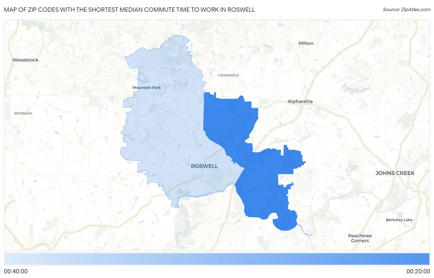 Zip Codes with the Shortest Median Commute Time to Work in Roswell Map
