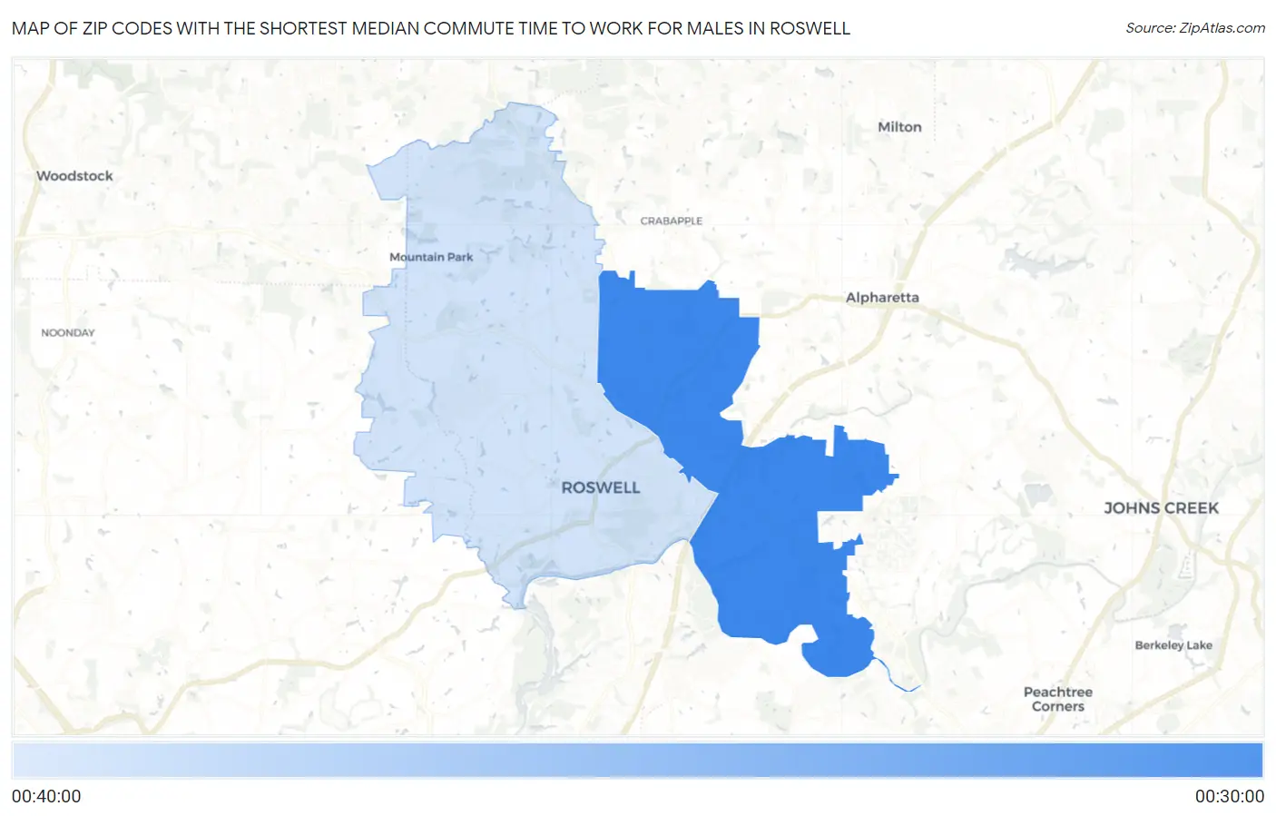 Zip Codes with the Shortest Median Commute Time to Work for Males in Roswell Map