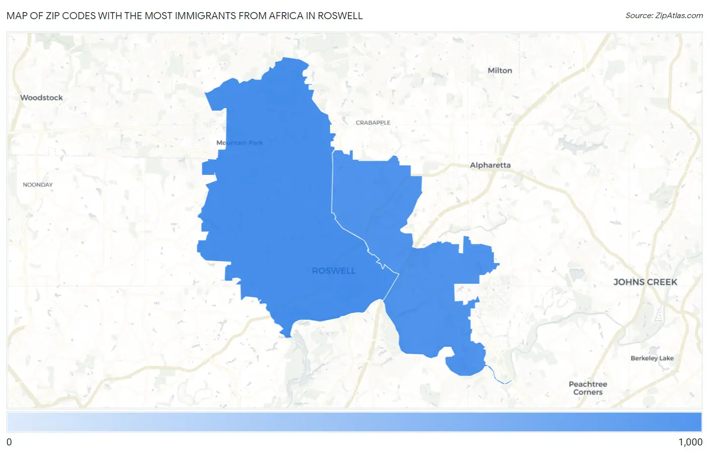 Zip Codes with the Most Immigrants from Africa in Roswell Map