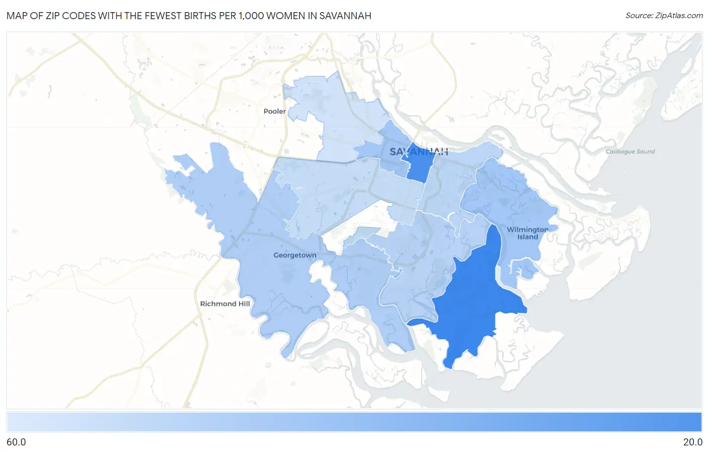 Zip Codes with the Fewest Births per 1,000 Women in Savannah Map