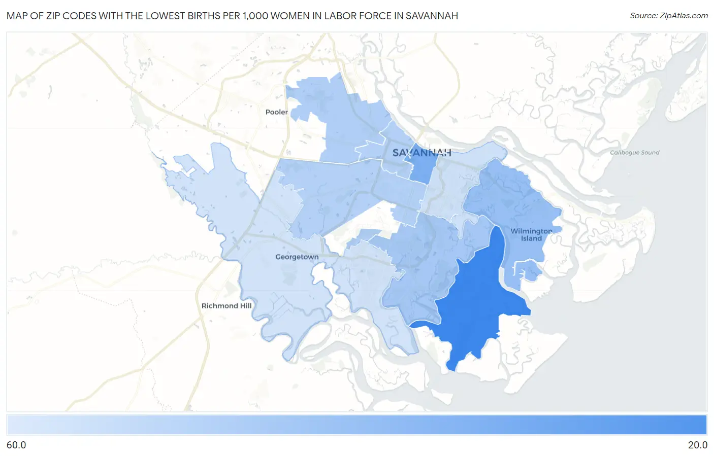 Zip Codes with the Lowest Births per 1,000 Women in Labor Force in Savannah Map