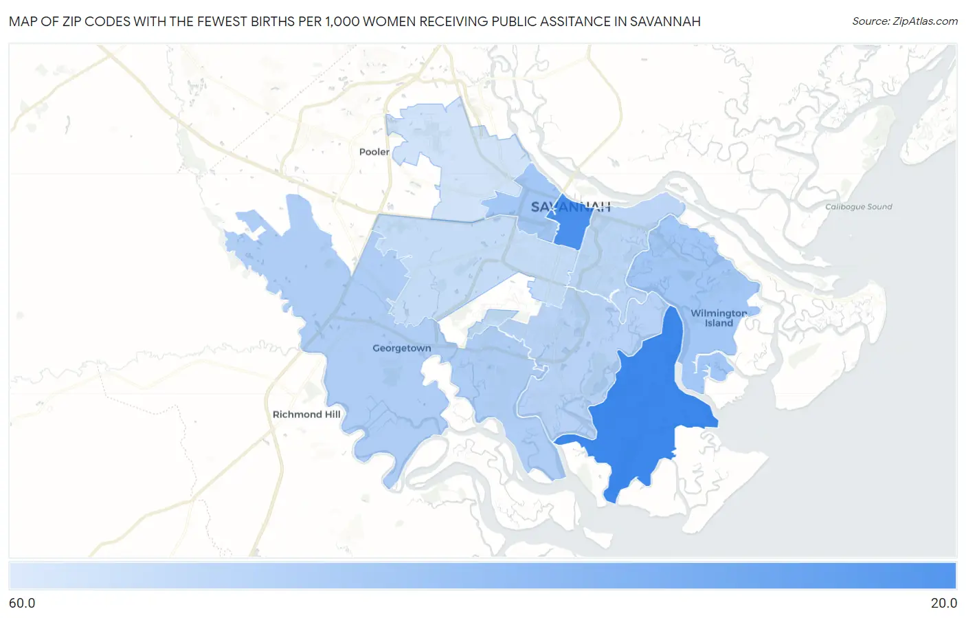 Zip Codes with the Fewest Births per 1,000 Women Receiving Public Assitance in Savannah Map