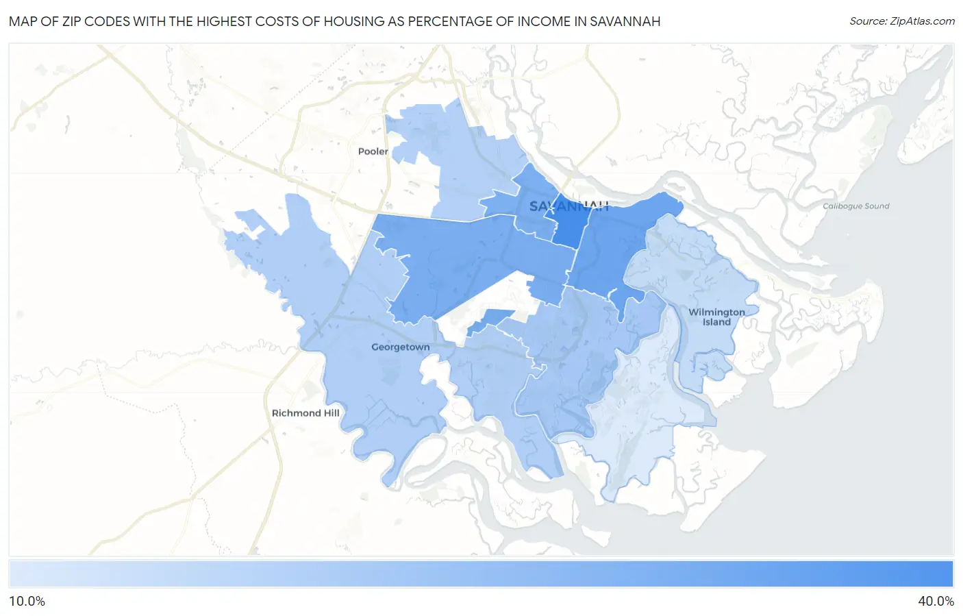 Zip Codes with the Highest Costs of Housing as Percentage of Income in Savannah Map