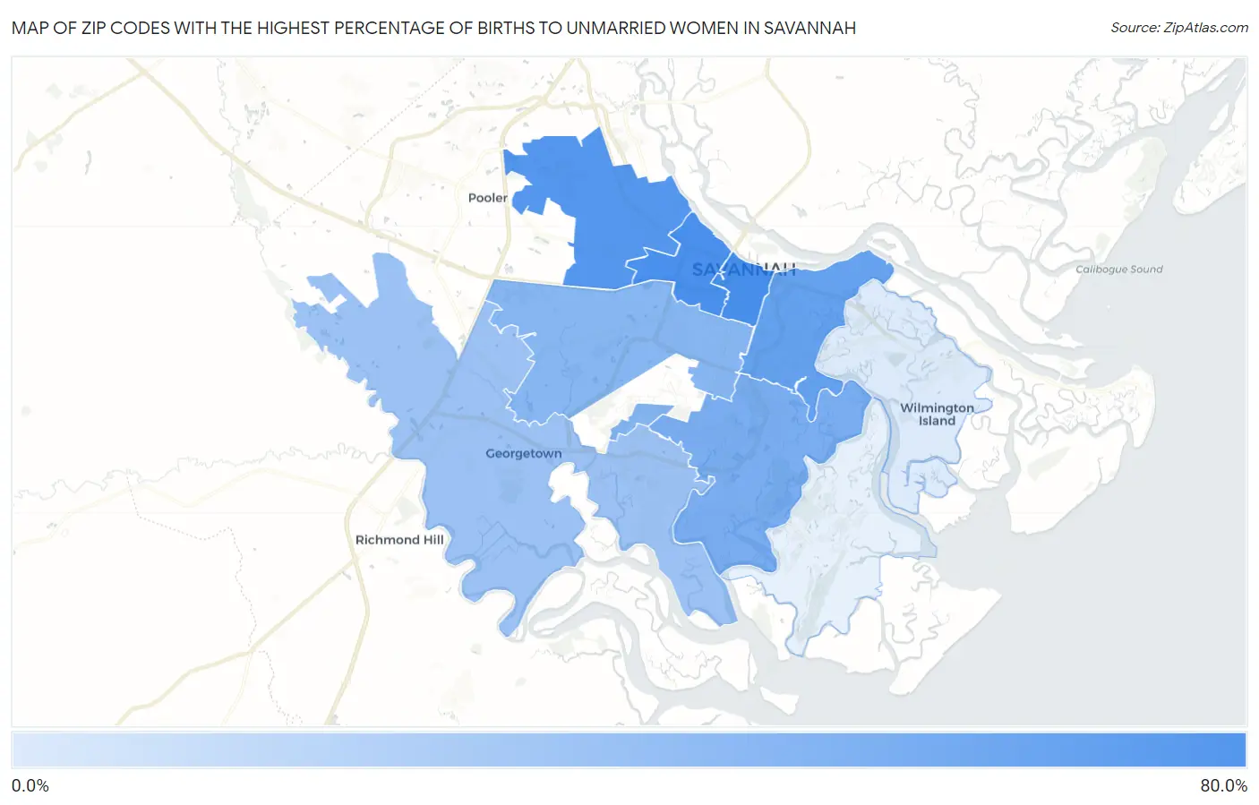 Zip Codes with the Highest Percentage of Births to Unmarried Women in Savannah Map