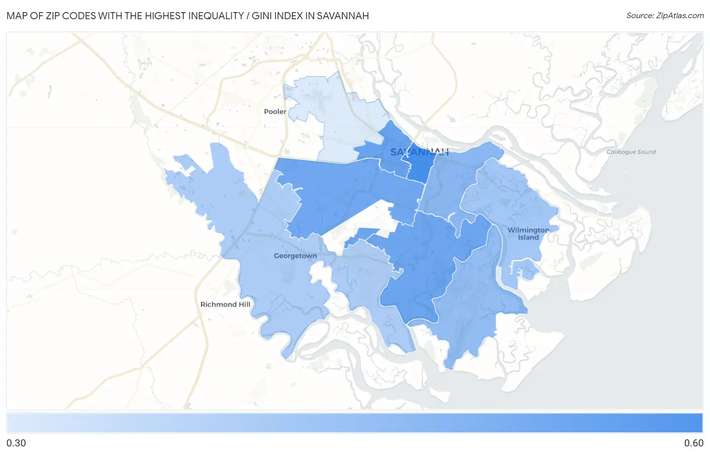 Zip Codes with the Highest Inequality / Gini Index in Savannah Map