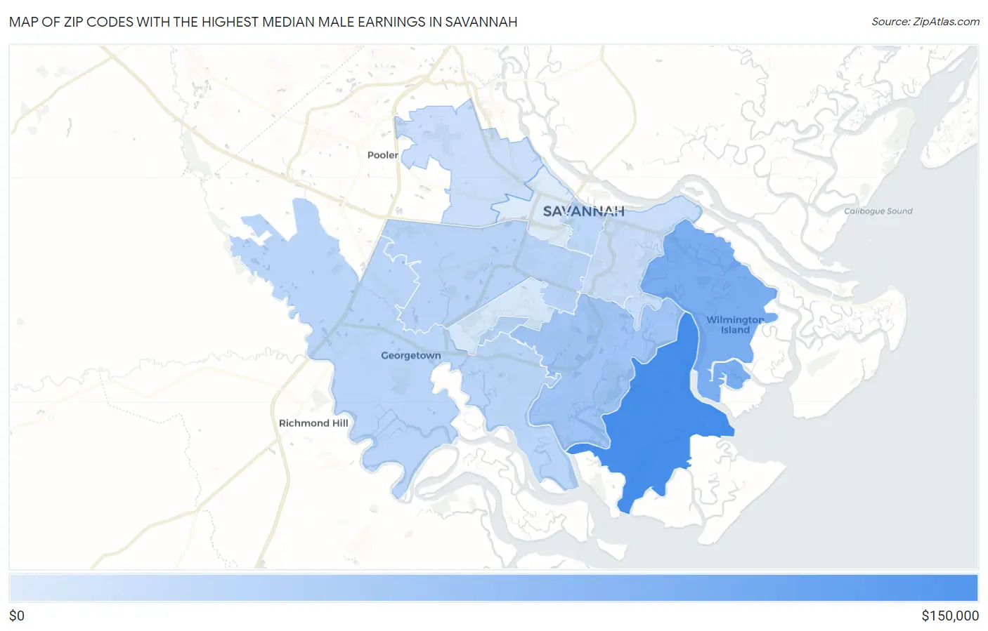 Zip Codes with the Highest Median Male Earnings in Savannah Map