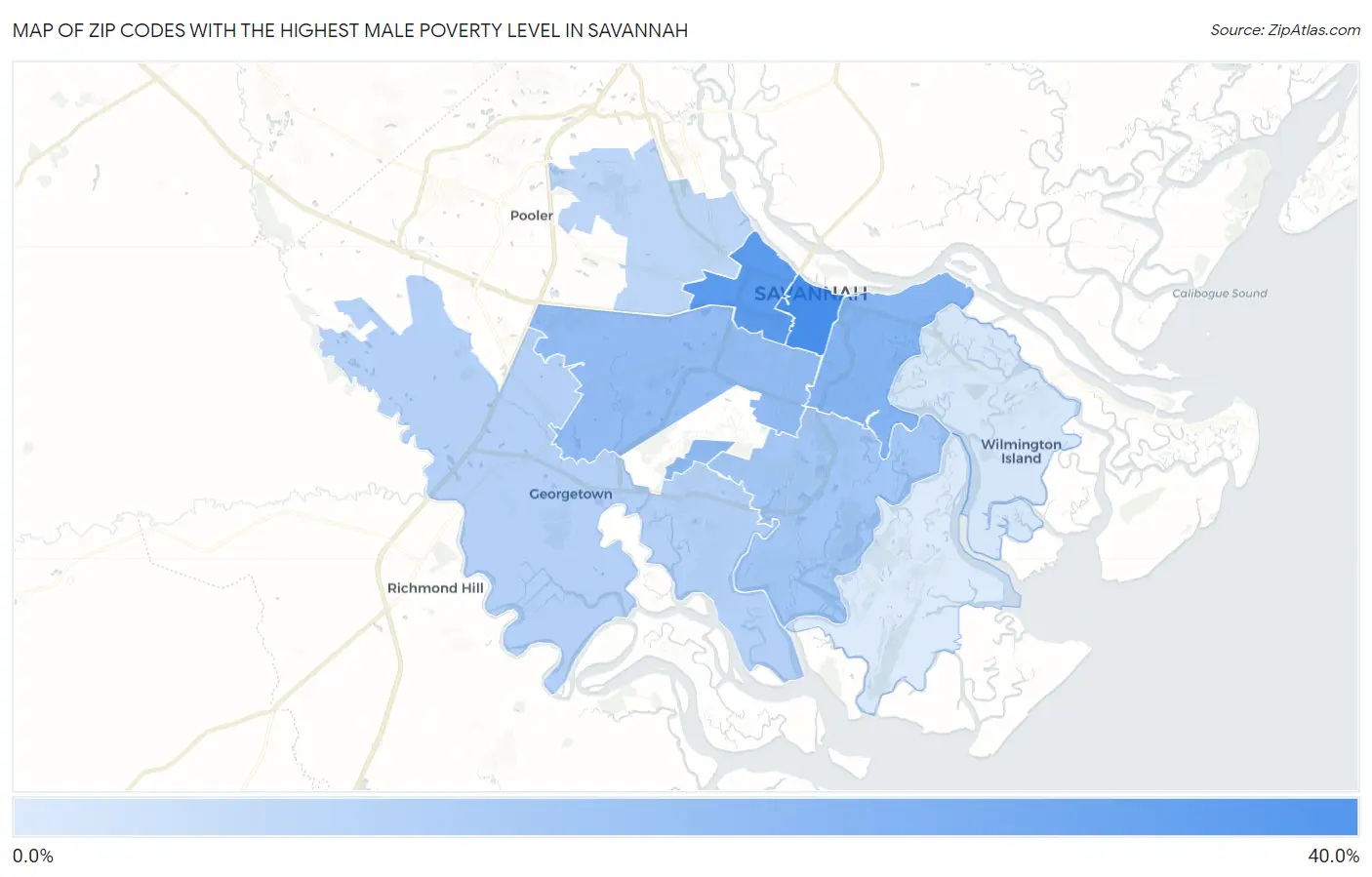 Zip Codes with the Highest Male Poverty Level in Savannah Map