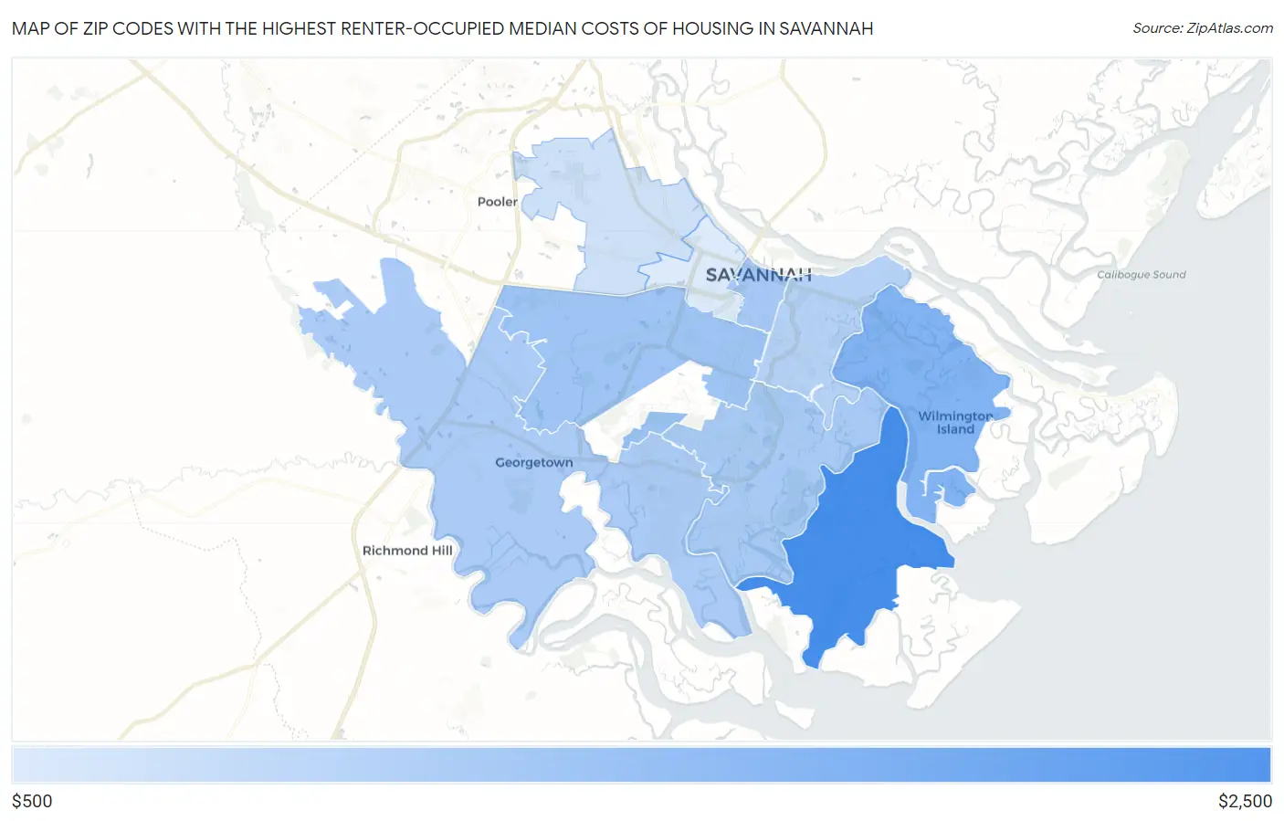 Zip Codes with the Highest Renter-Occupied Median Costs of Housing in Savannah Map