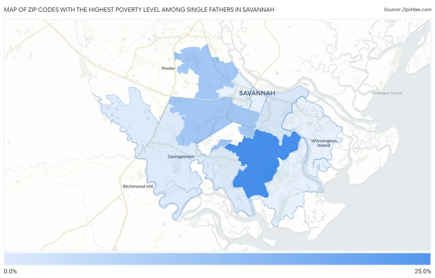 Zip Codes with the Highest Poverty Level Among Single Fathers in Savannah Map