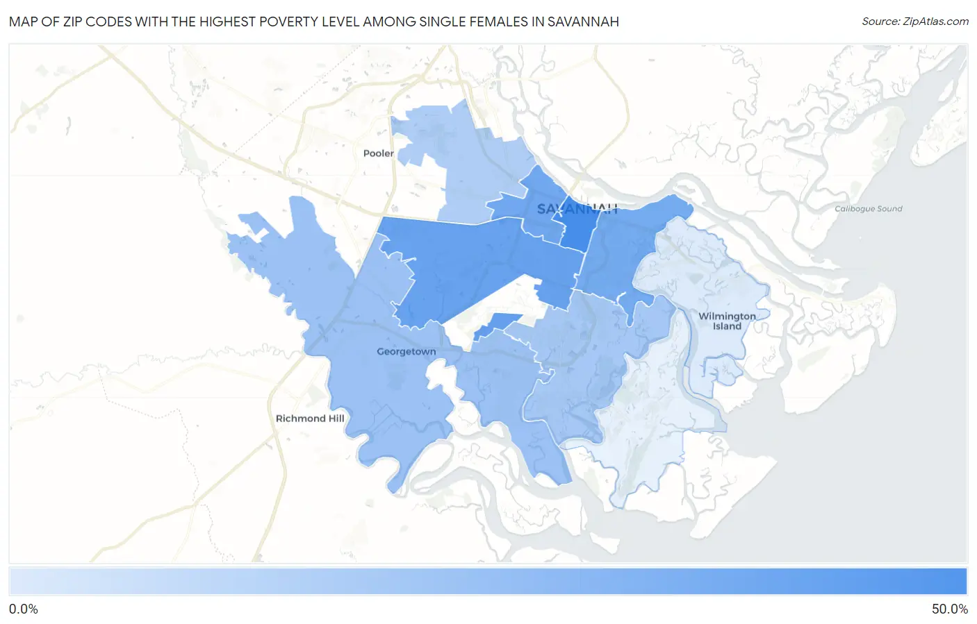 Zip Codes with the Highest Poverty Level Among Single Females in Savannah Map