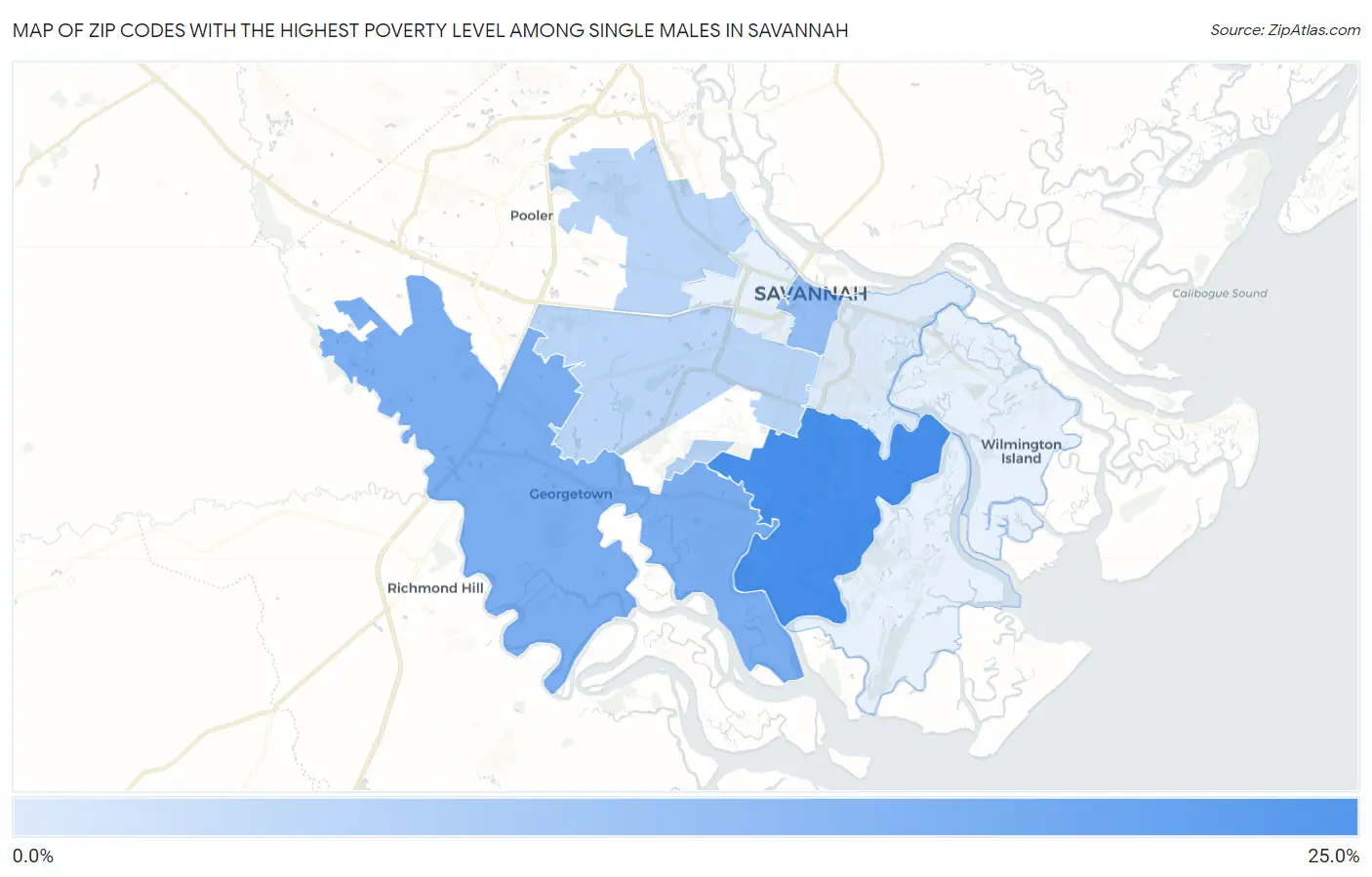 Zip Codes with the Highest Poverty Level Among Single Males in Savannah Map
