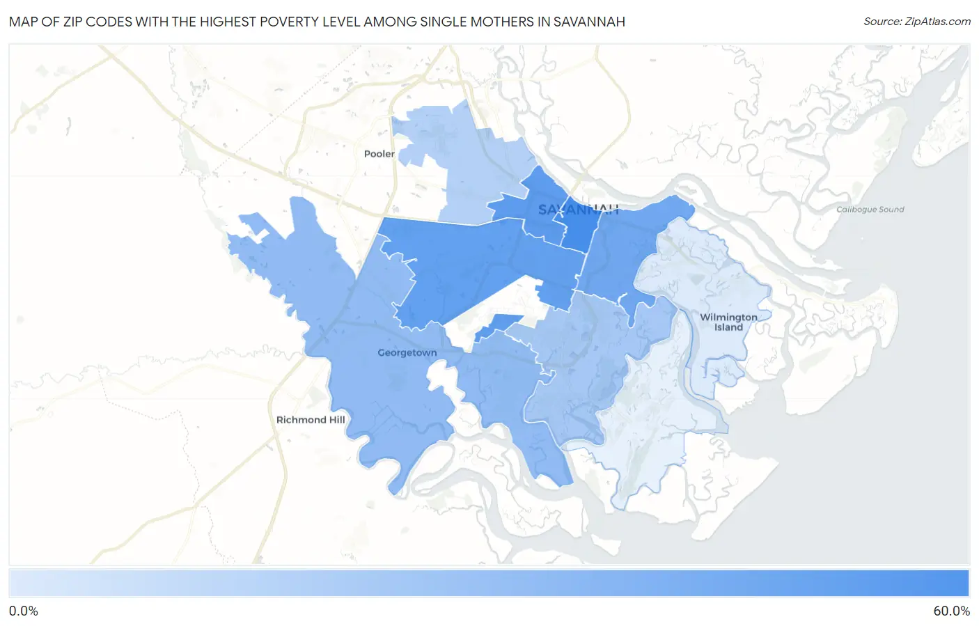 Zip Codes with the Highest Poverty Level Among Single Mothers in Savannah Map