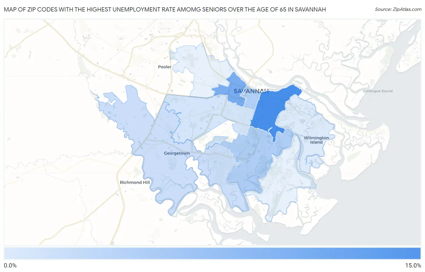 Zip Codes with the Highest Unemployment Rate Amomg Seniors Over the Age of 65 in Savannah Map