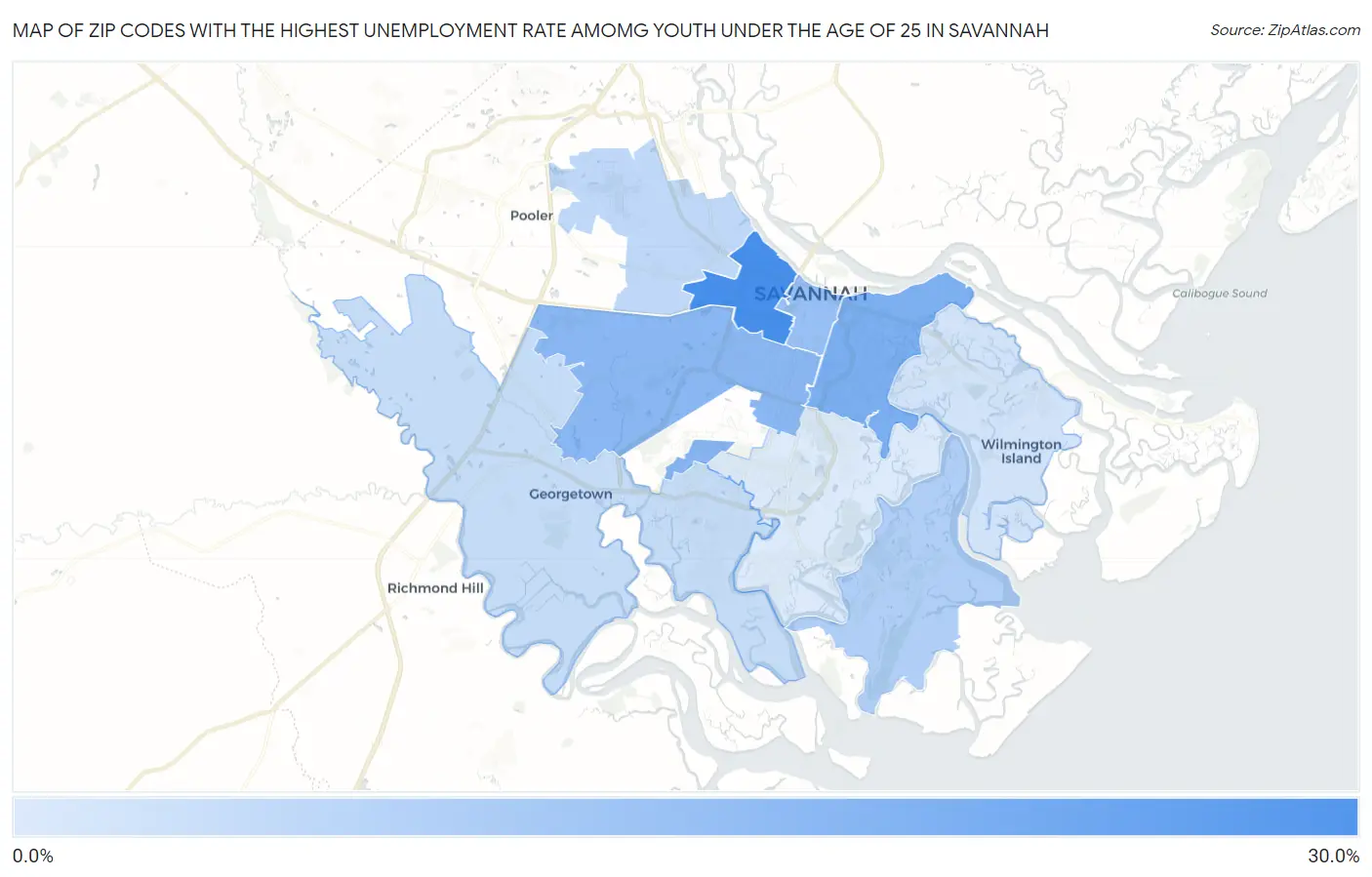 Zip Codes with the Highest Unemployment Rate Amomg Youth Under the Age of 25 in Savannah Map