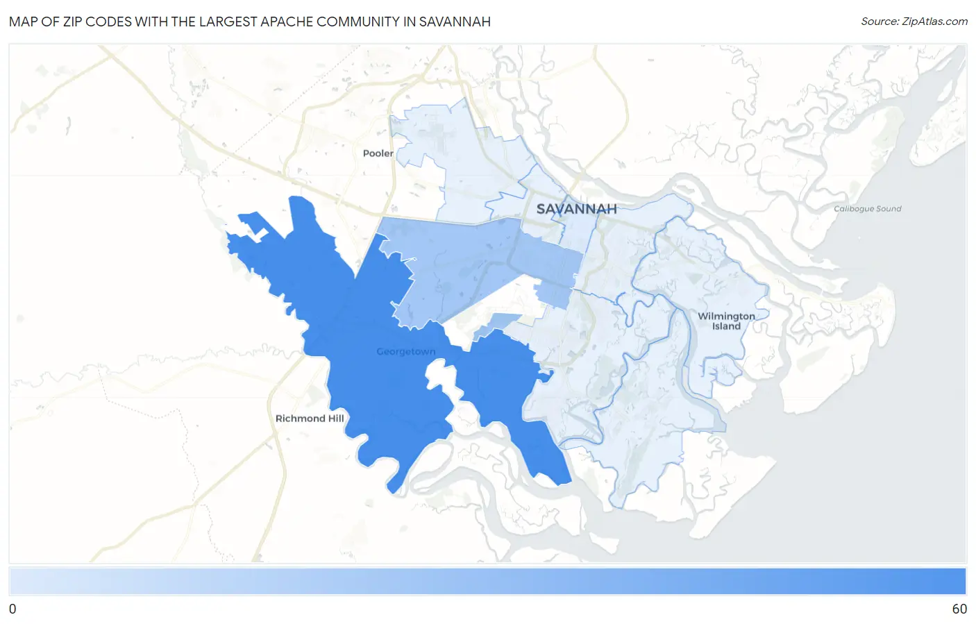 Zip Codes with the Largest Apache Community in Savannah Map