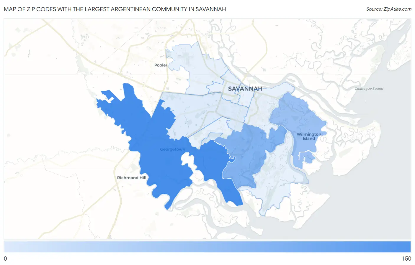 Zip Codes with the Largest Argentinean Community in Savannah Map