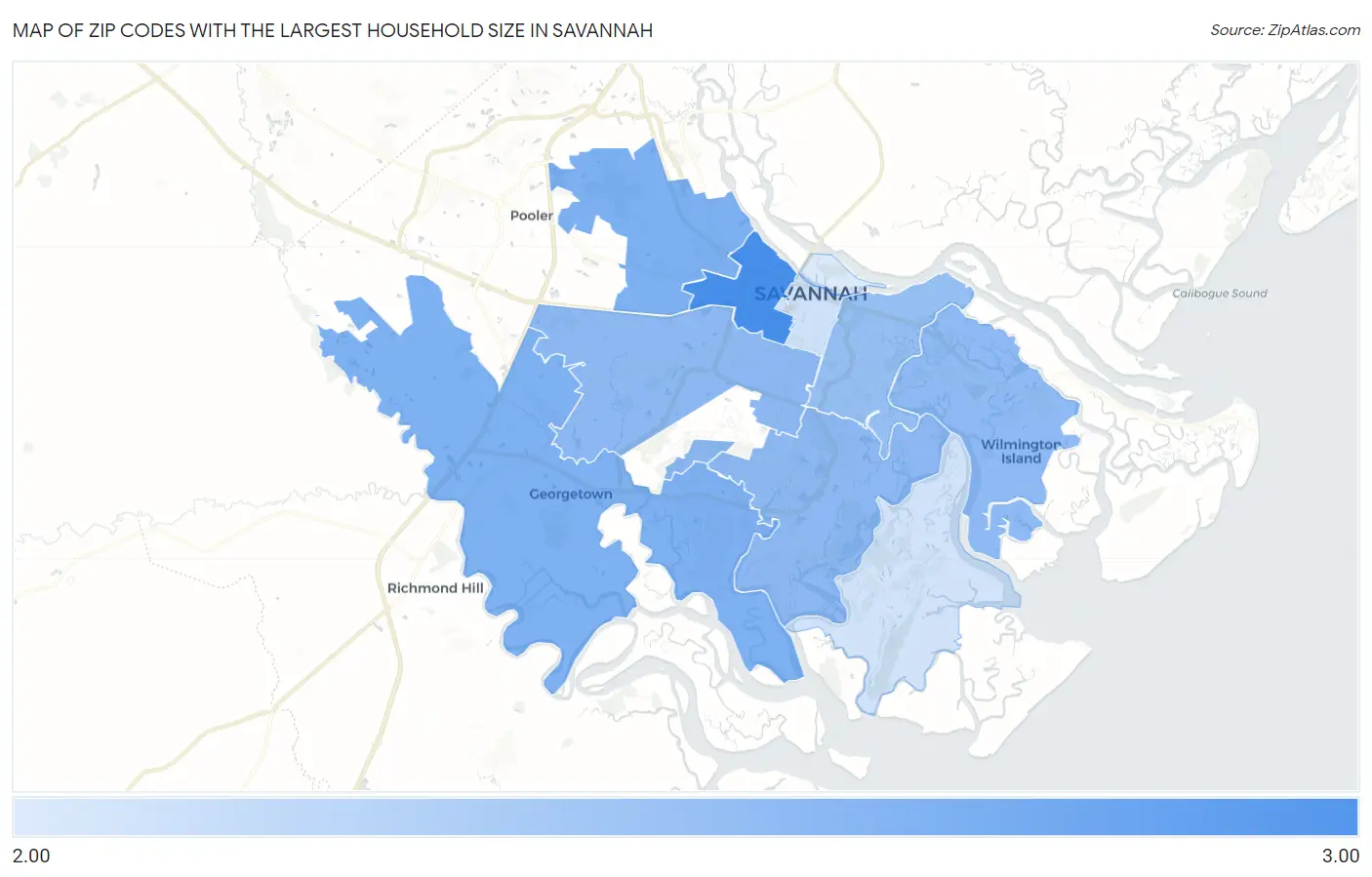 Zip Codes with the Largest Household Size in Savannah Map