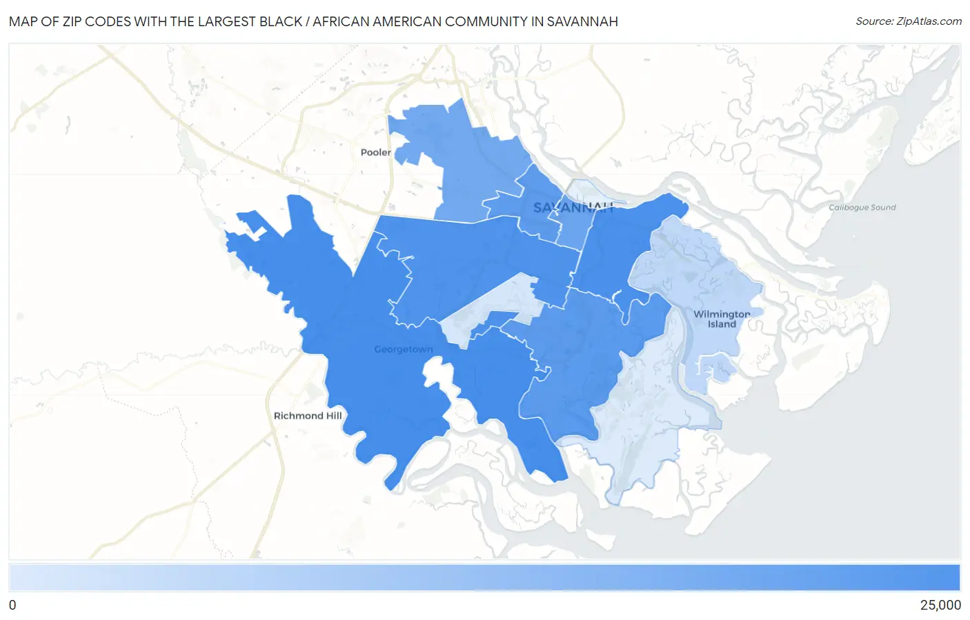 Zip Codes with the Largest Black / African American Community in Savannah Map