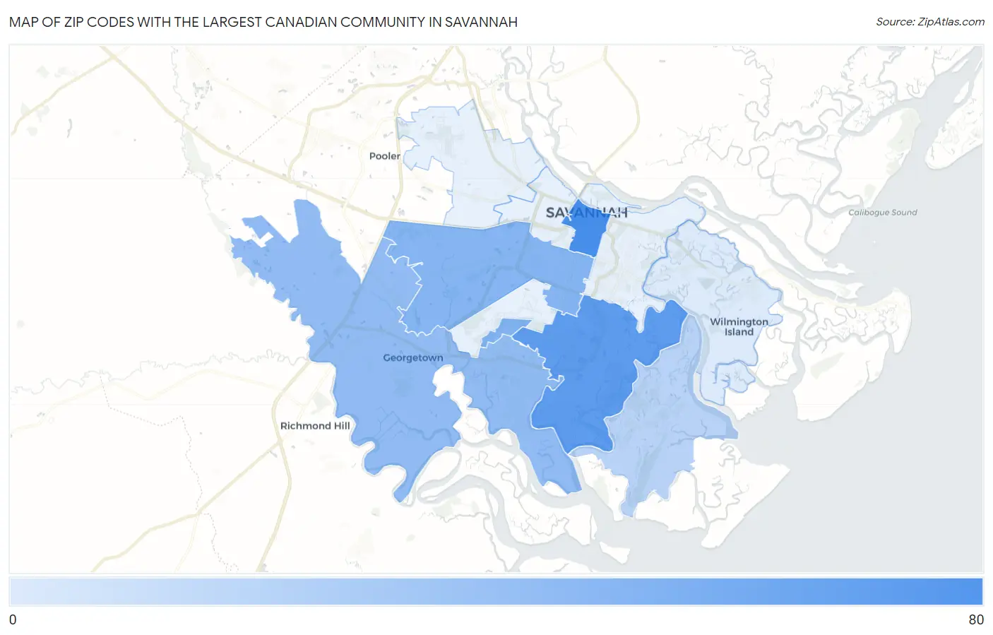 Zip Codes with the Largest Canadian Community in Savannah Map