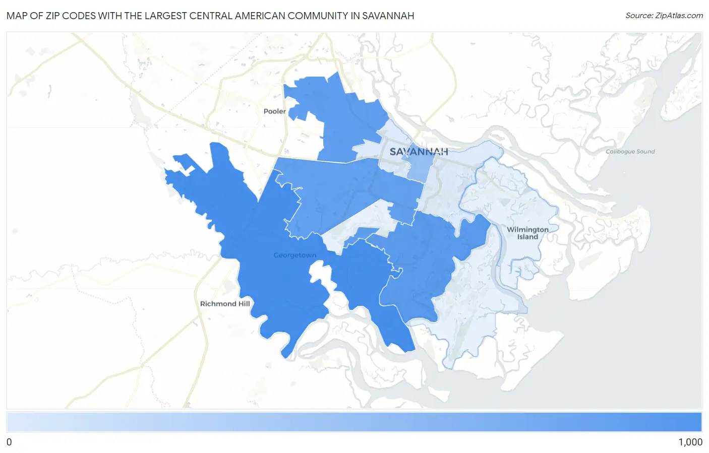 Zip Codes with the Largest Central American Community in Savannah Map
