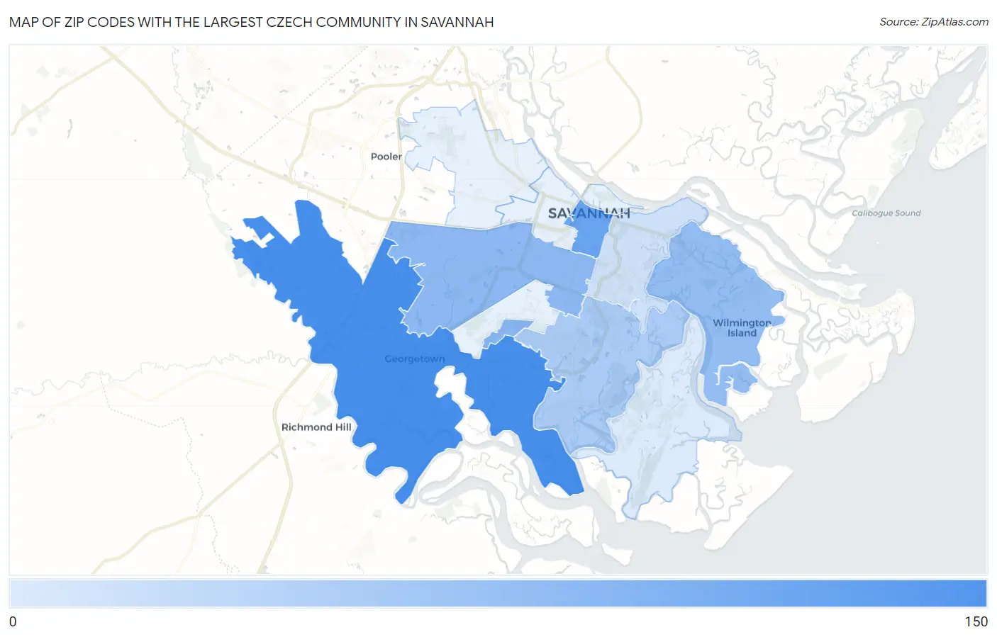 Zip Codes with the Largest Czech Community in Savannah Map