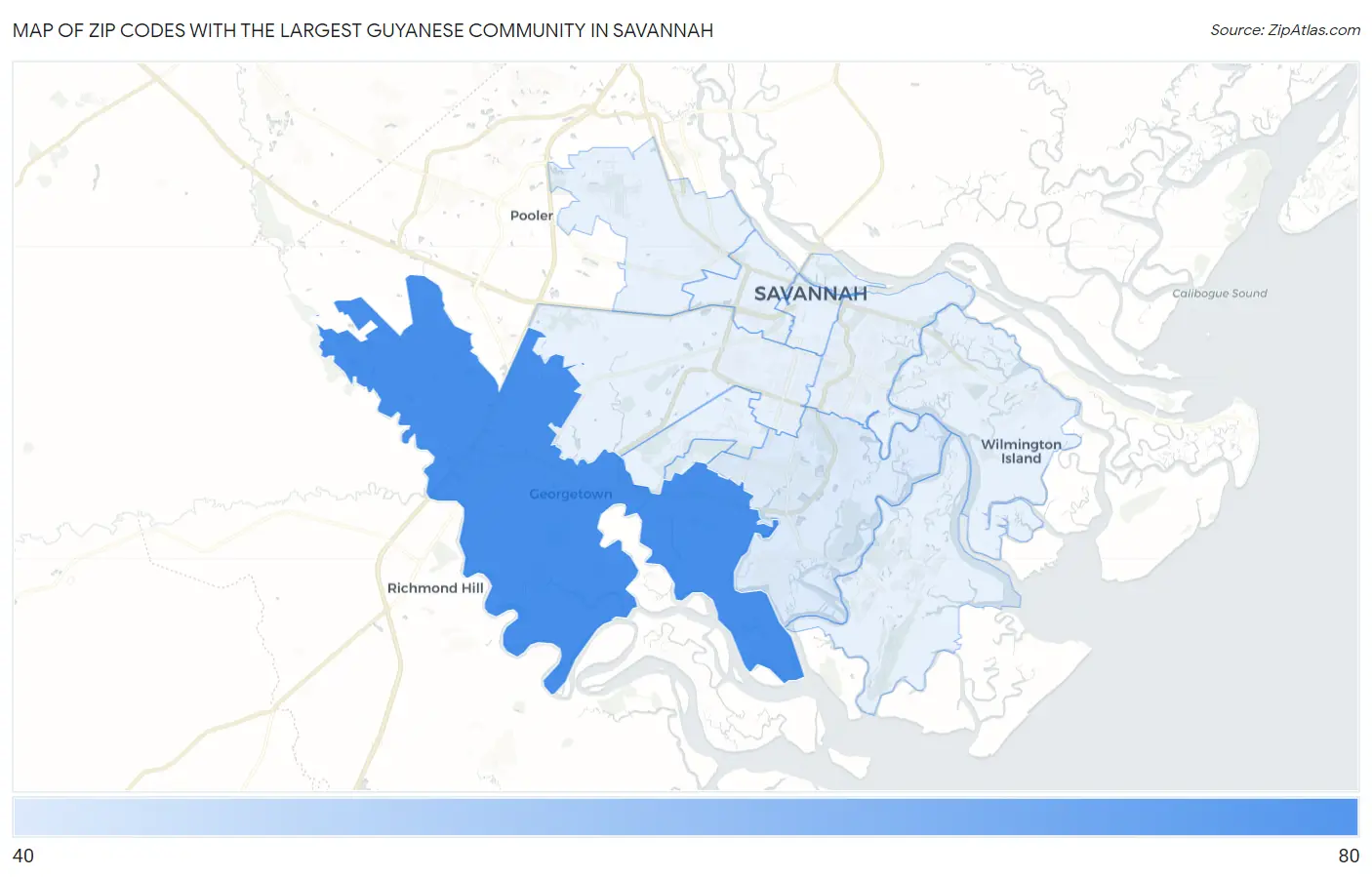 Zip Codes with the Largest Guyanese Community in Savannah Map
