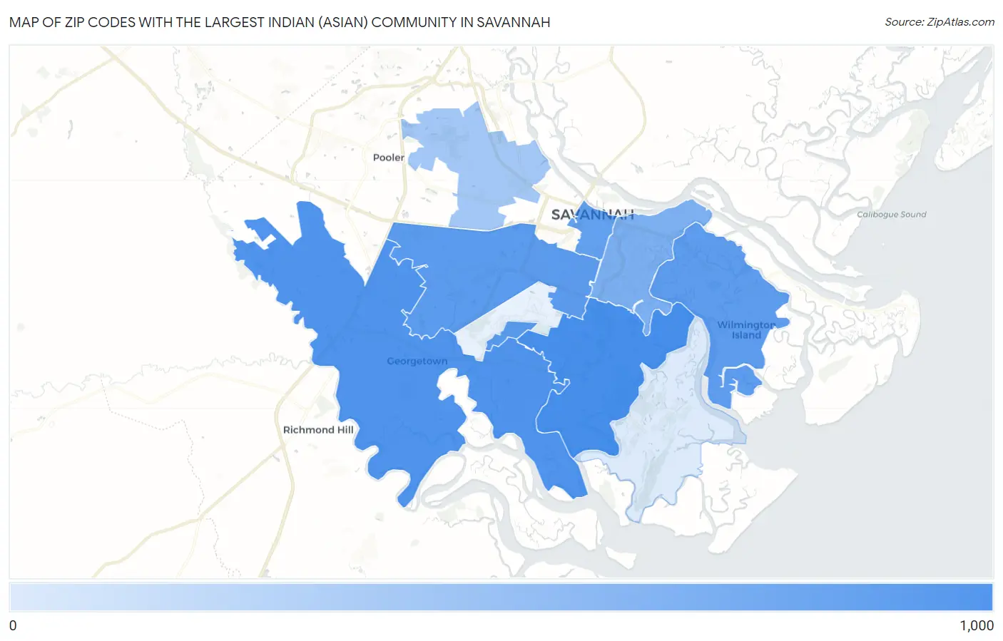 Zip Codes with the Largest Indian (Asian) Community in Savannah Map