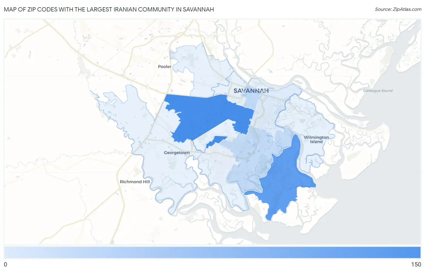 Zip Codes with the Largest Iranian Community in Savannah Map