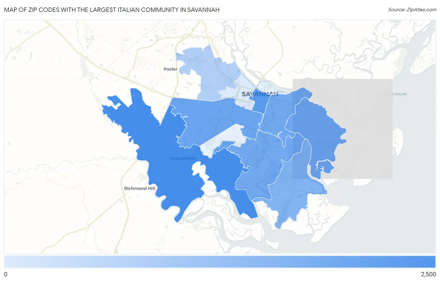 Zip Codes with the Largest Italian Community in Savannah Map