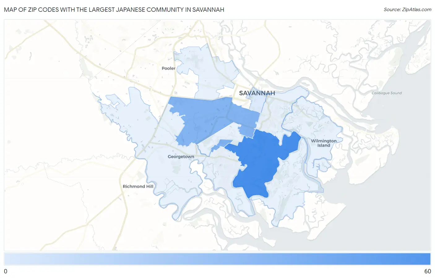 Zip Codes with the Largest Japanese Community in Savannah Map