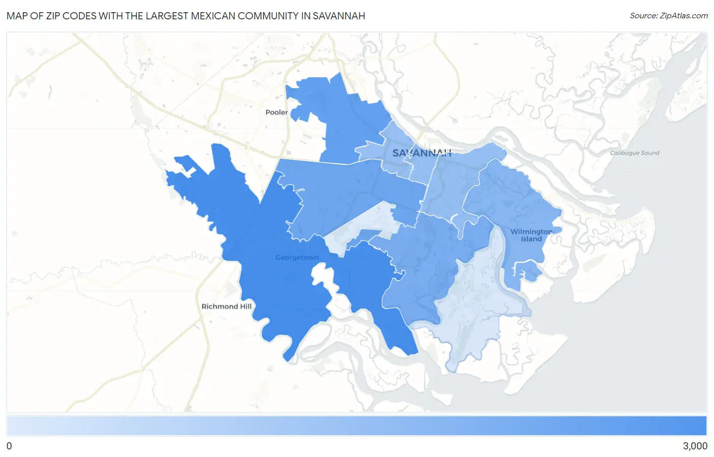 Zip Codes with the Largest Mexican Community in Savannah Map