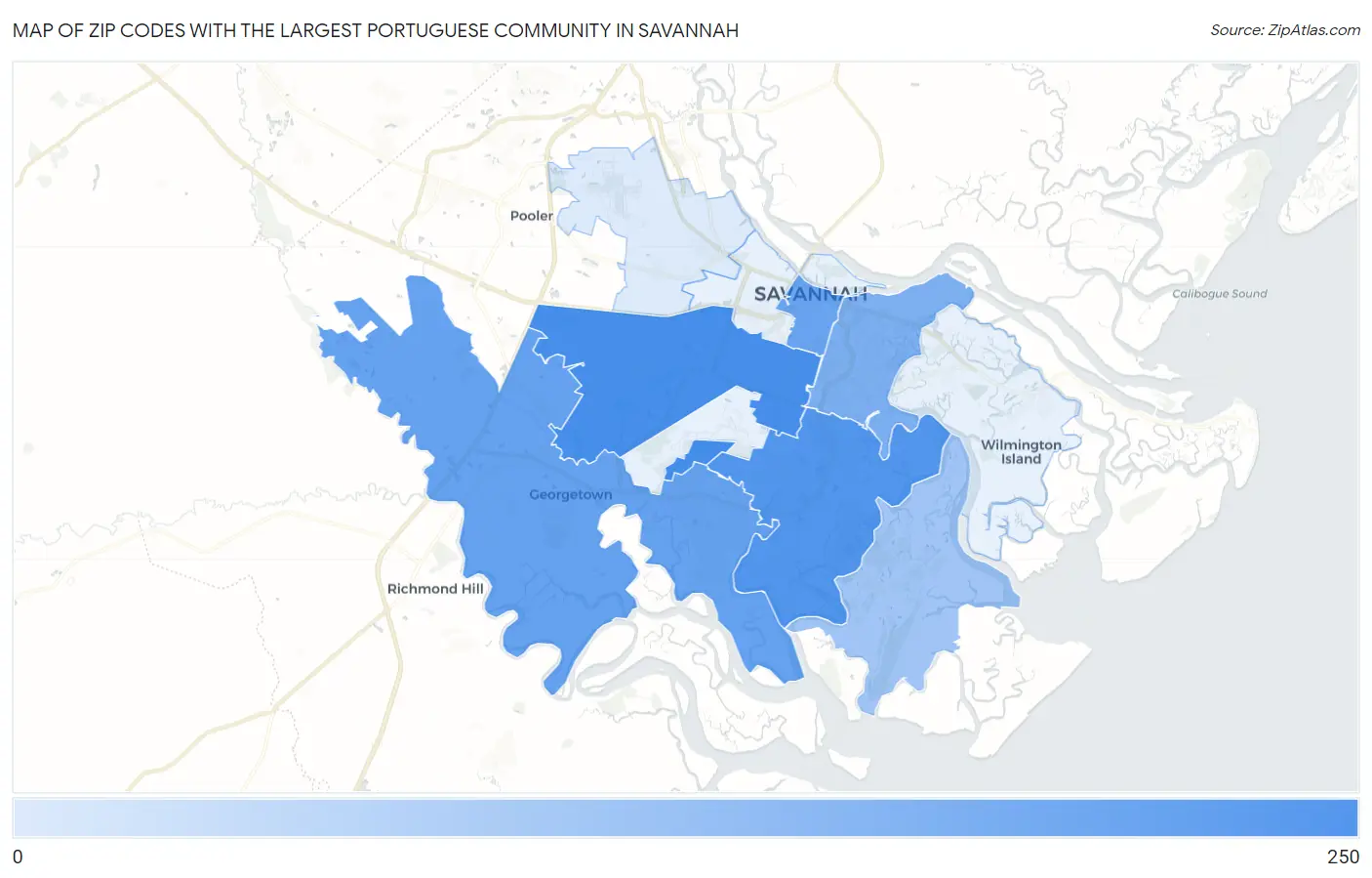 Zip Codes with the Largest Portuguese Community in Savannah Map