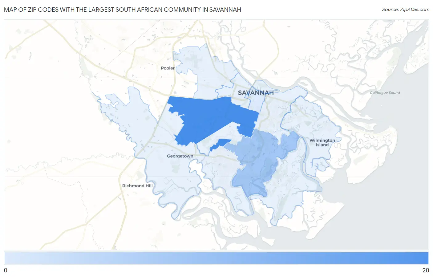 Zip Codes with the Largest South African Community in Savannah Map