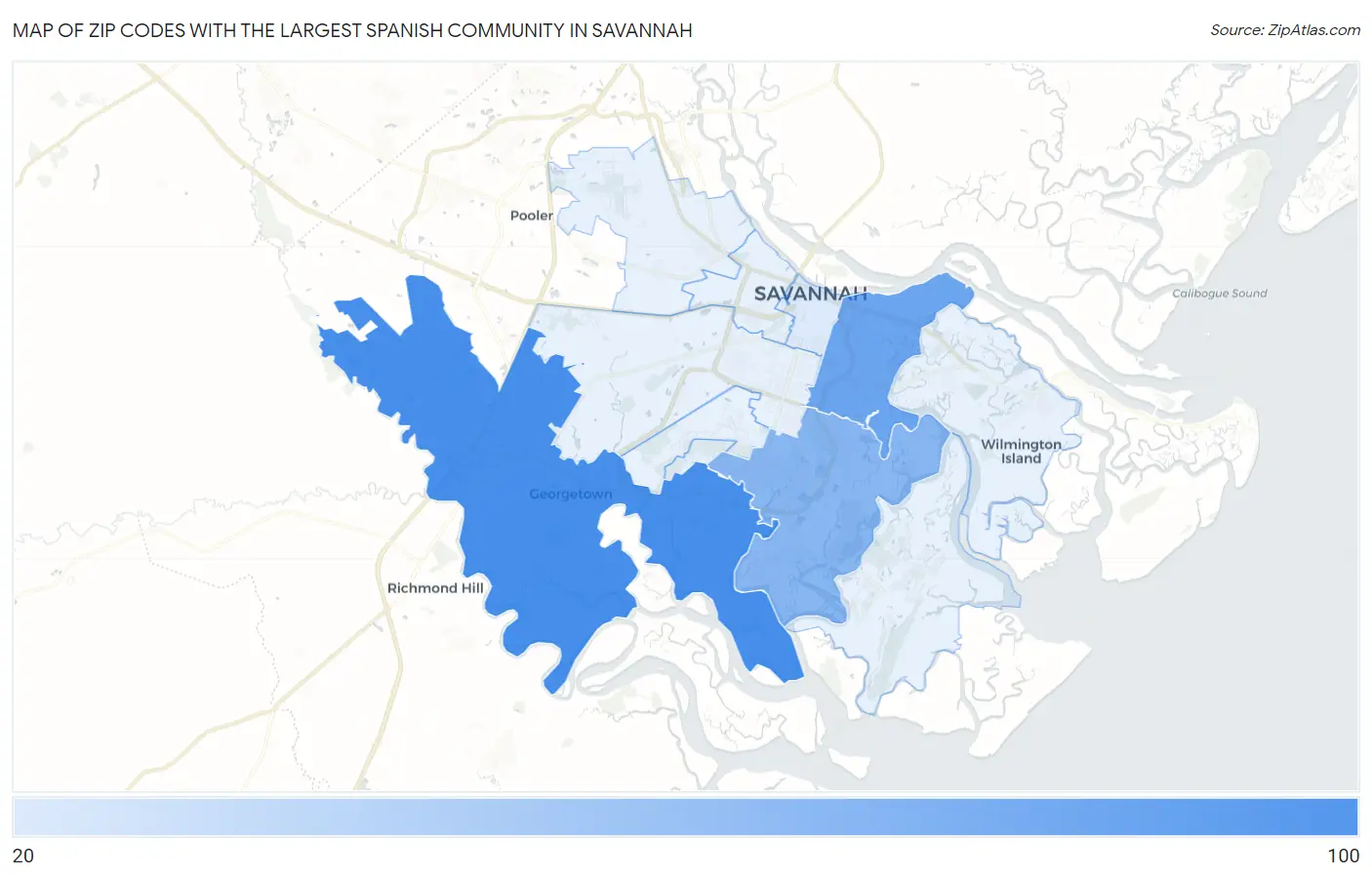 Zip Codes with the Largest Spanish Community in Savannah Map