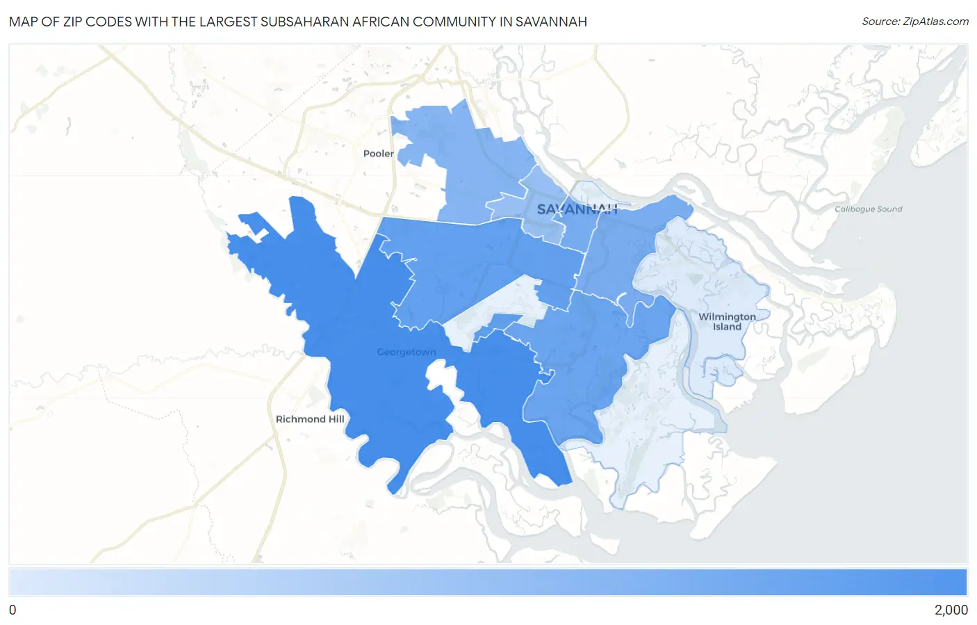Zip Codes with the Largest Subsaharan African Community in Savannah Map