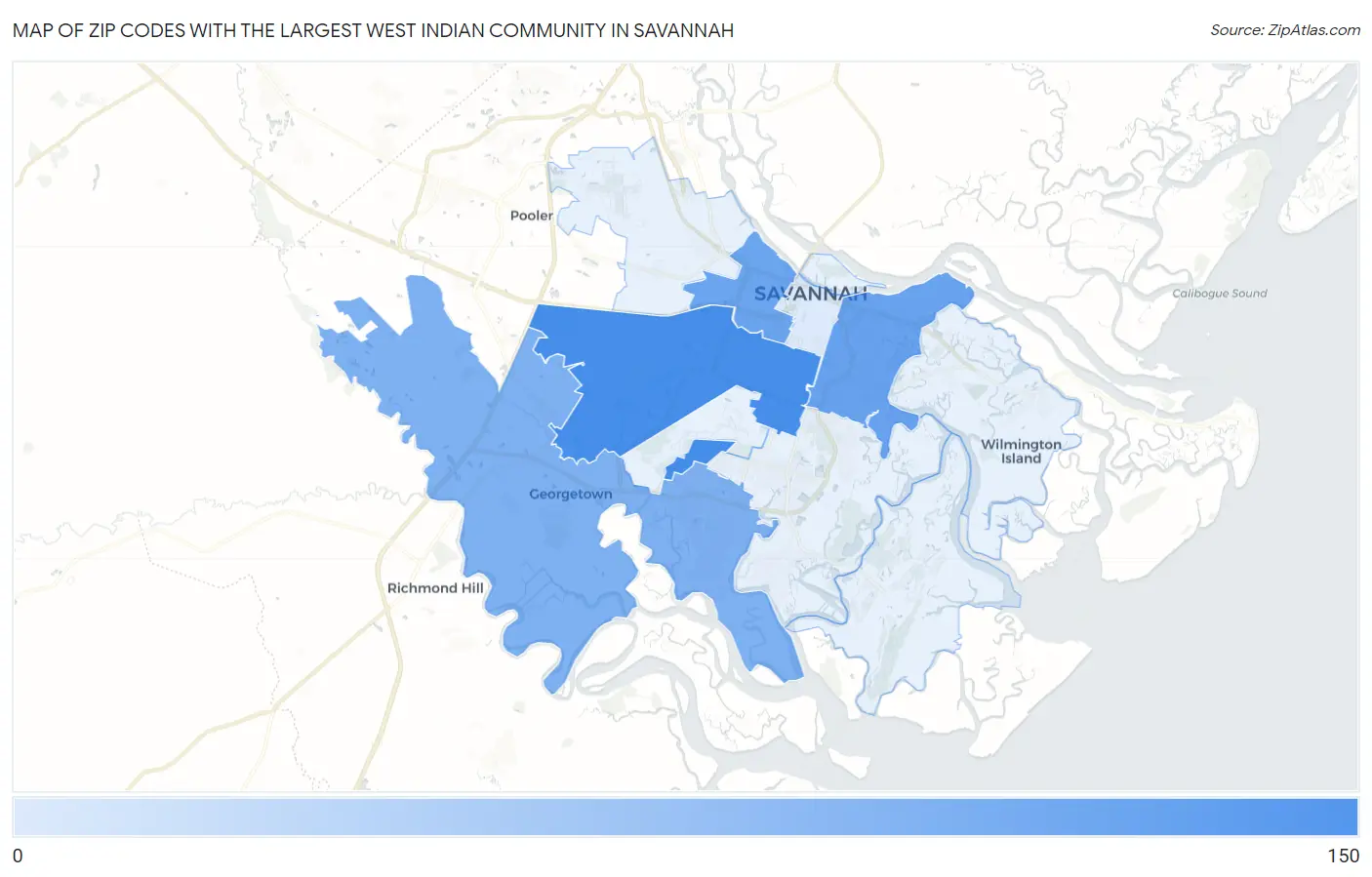 Zip Codes with the Largest West Indian Community in Savannah Map