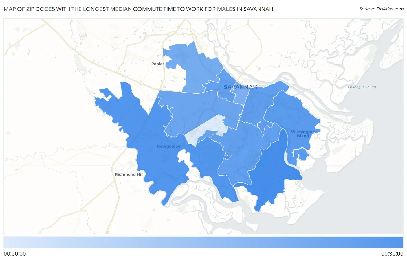 Zip Codes with the Longest Median Commute Time to Work for Males in Savannah Map