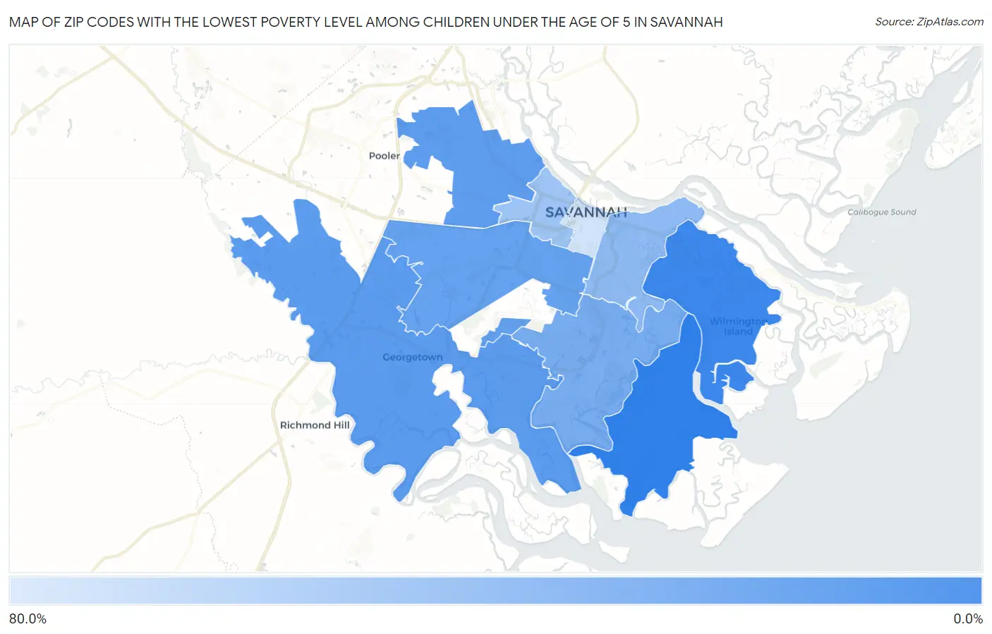 Zip Codes with the Lowest Poverty Level Among Children Under the Age of 5 in Savannah Map