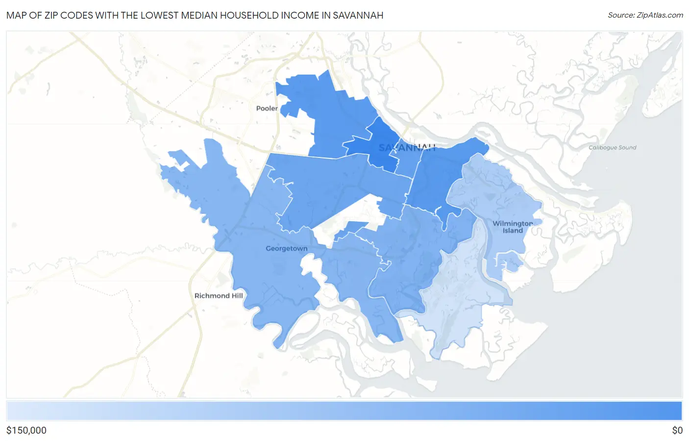 Zip Codes with the Lowest Median Household Income in Savannah Map