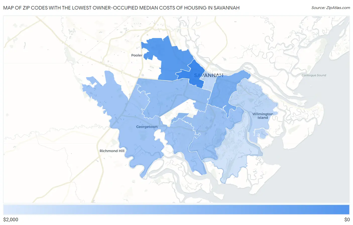Zip Codes with the Lowest Owner-Occupied Median Costs of Housing in Savannah Map