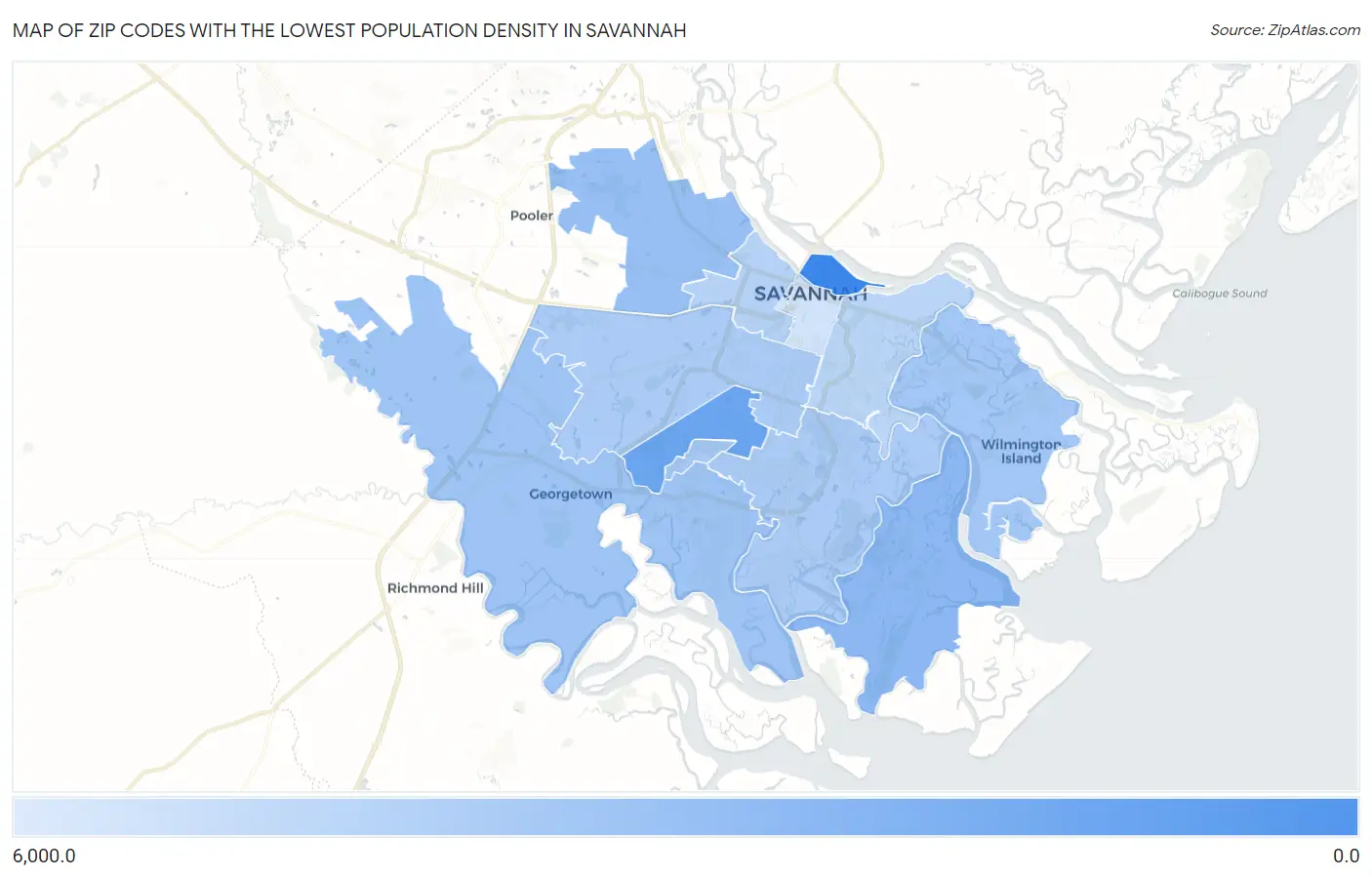 Zip Codes with the Lowest Population Density in Savannah Map