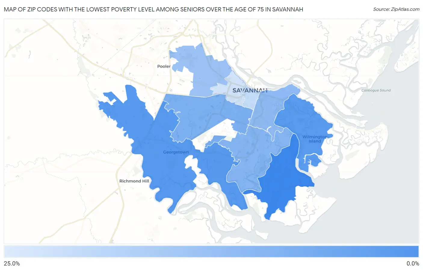Zip Codes with the Lowest Poverty Level Among Seniors Over the Age of 75 in Savannah Map