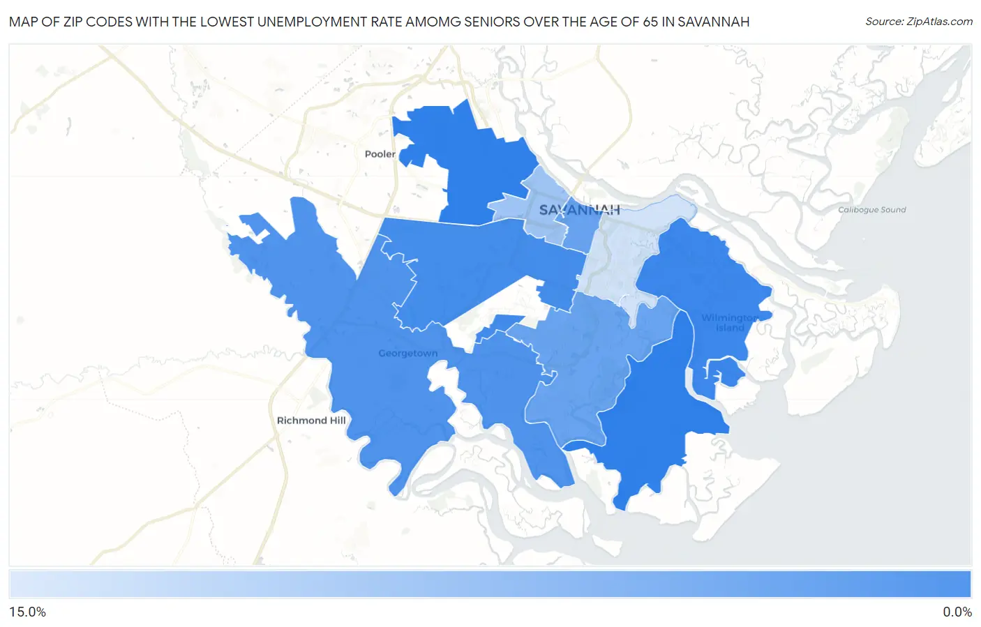 Zip Codes with the Lowest Unemployment Rate Amomg Seniors Over the Age of 65 in Savannah Map