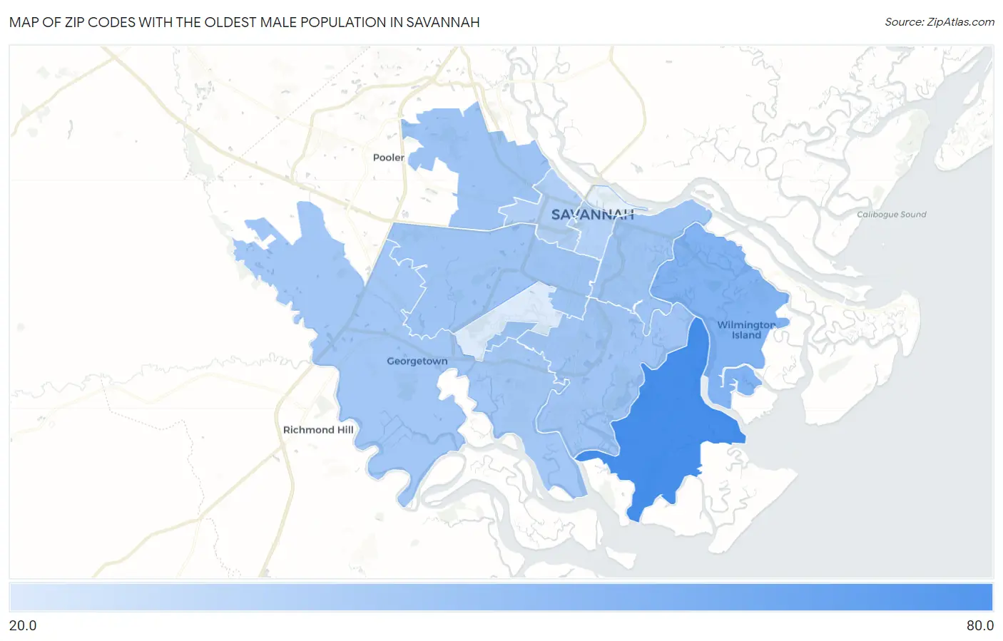 Zip Codes with the Oldest Male Population in Savannah Map