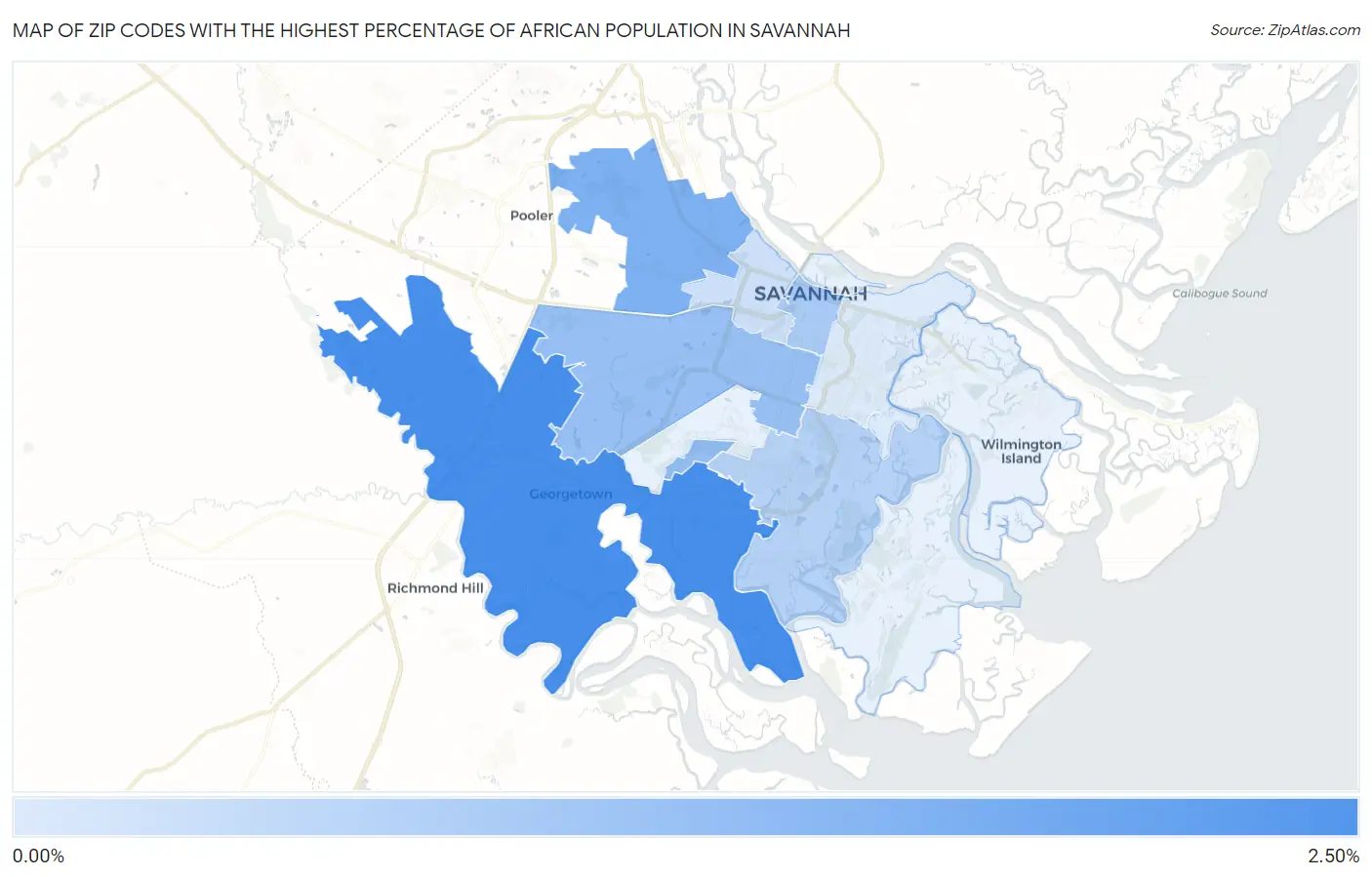 Zip Codes with the Highest Percentage of African Population in Savannah Map